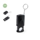 Black pocket magnifier keychain with retractable lens, shown in two positions.