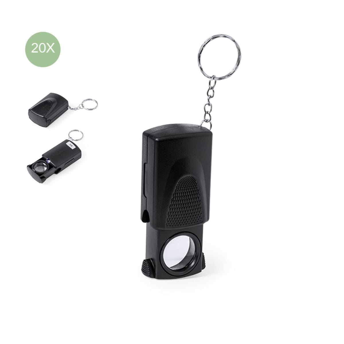 Black pocket magnifier keychain with retractable lens, shown in two positions.