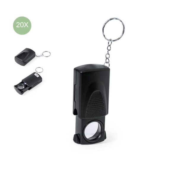 Black magnifier keychain with 20X lens and retractable cover, shown in two angles.