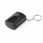 A black keychain flashlight with a metal chain and ring.