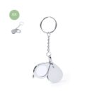 Metal keychain with a folding magnifying glass marked 8X.