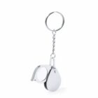 Silver magnifying glass keychain with a small lens and a metal chain.