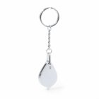 Silver metal keychain with a pear-shaped pendant.