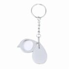 Silver magnifying glass keychain with a tear-shaped cover marked 8X.