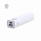 White rectangular portable power bank with USB ports and a recycled aluminum symbol.