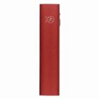 Red rectangular electronic device standing upright, with a logo and button on the side.