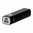 Black portable power bank with USB and micro USB ports on a white background.