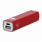 Red portable power bank with USB ports and a small button, on a white background.
