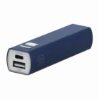 A blue rectangular portable power bank with USB and micro-USB ports.