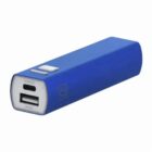 A small blue rectangular portable power bank with USB and micro USB ports.