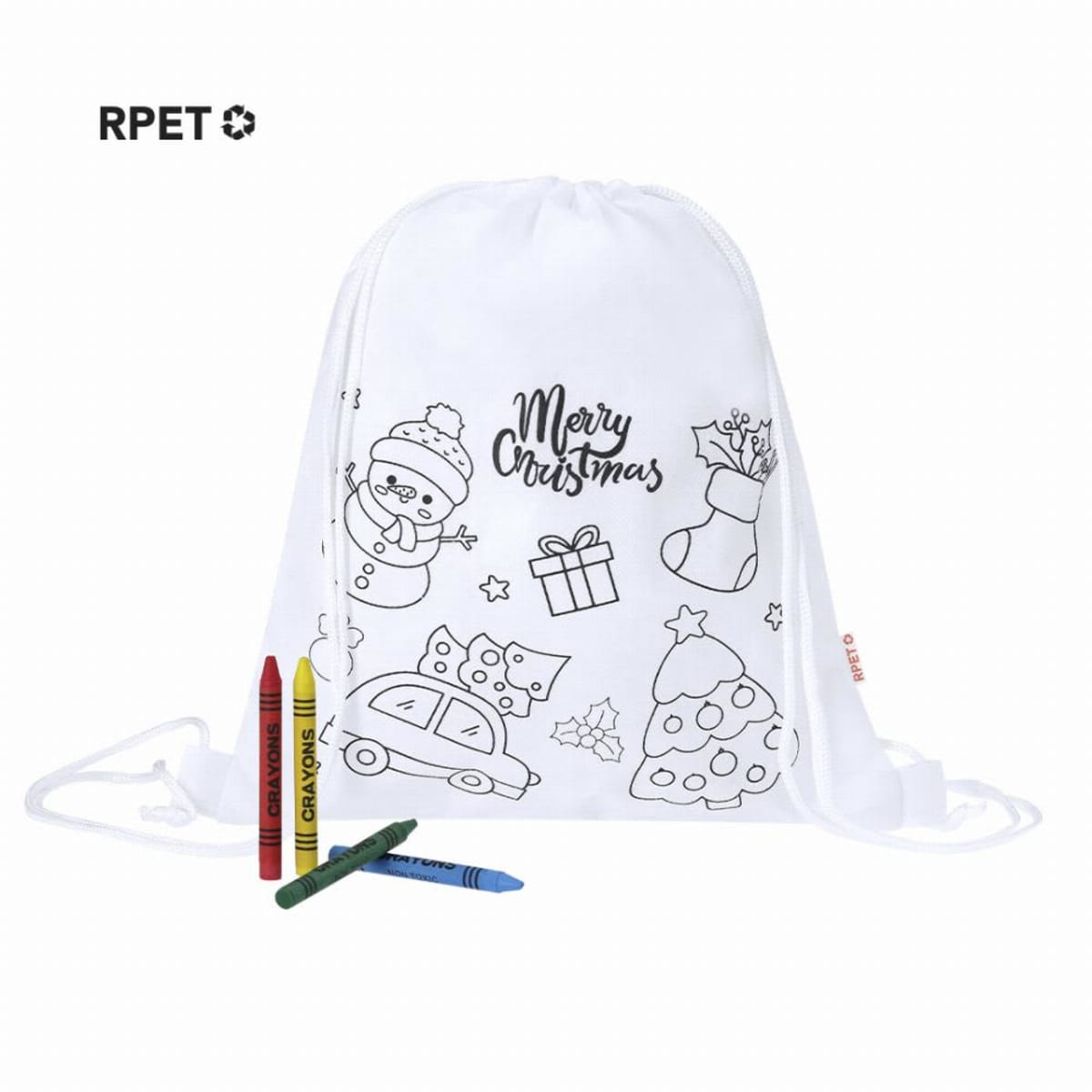 White drawstring bag with Christmas designs to color, shown with four crayons in front.