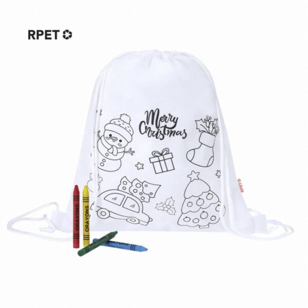 White drawstring bag with Christmas-themed outlines and four crayons beside it.