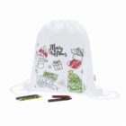 White drawstring bag with Christmas designs to color, shown with four crayons in front.