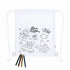 White drawstring bag with Christmas designs to color, and four crayons in front.