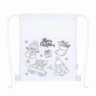 White drawstring bag with Christmas-themed outlines: snowman, tree, car, gift, stocking.