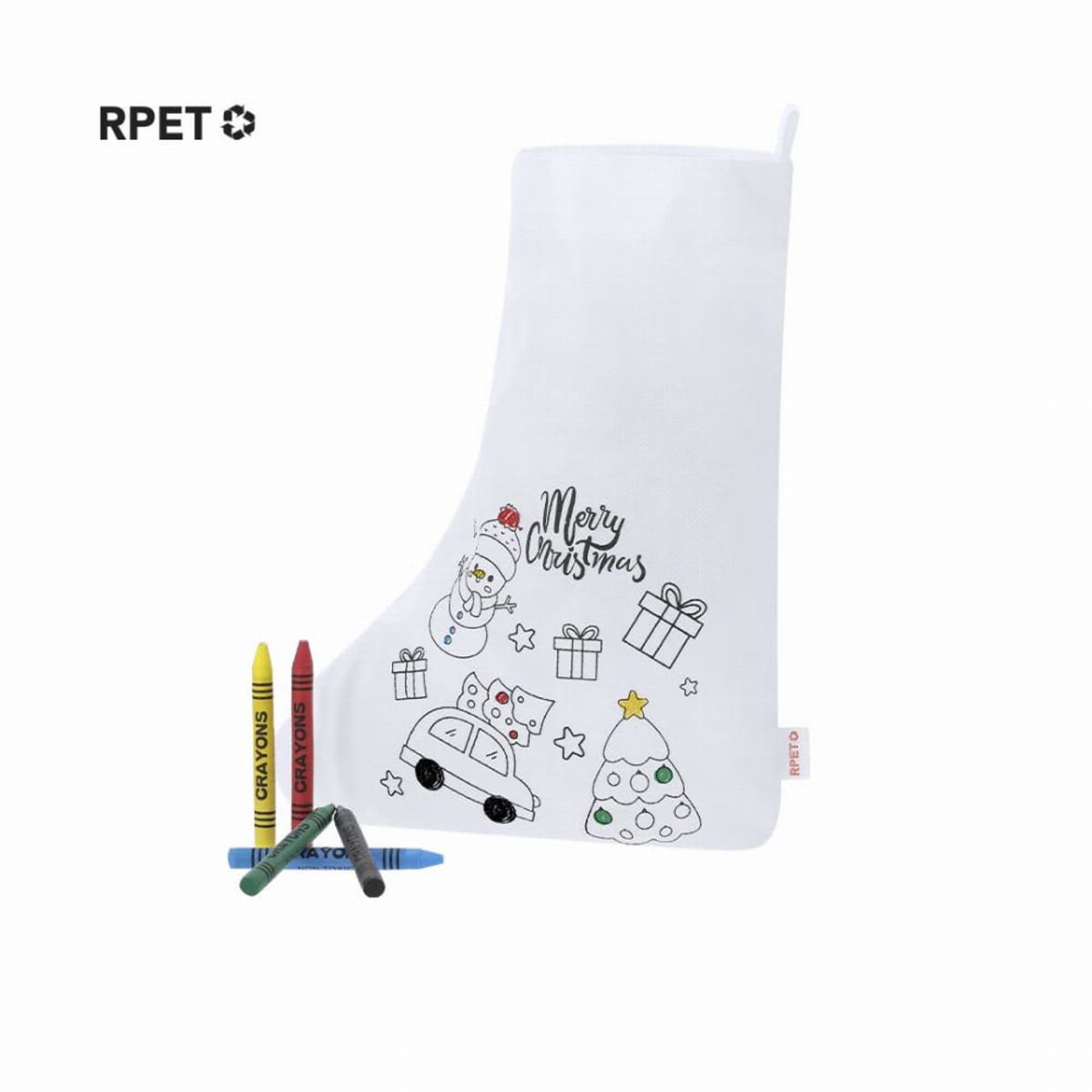 White Christmas stocking with outlined festive designs and four colored crayons beside it.