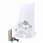 White Christmas stocking with black outline designs and four crayons beside it.