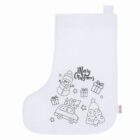 White Christmas stocking with outline drawings of a snowman, gifts, car, tree, and Merry Christmas.