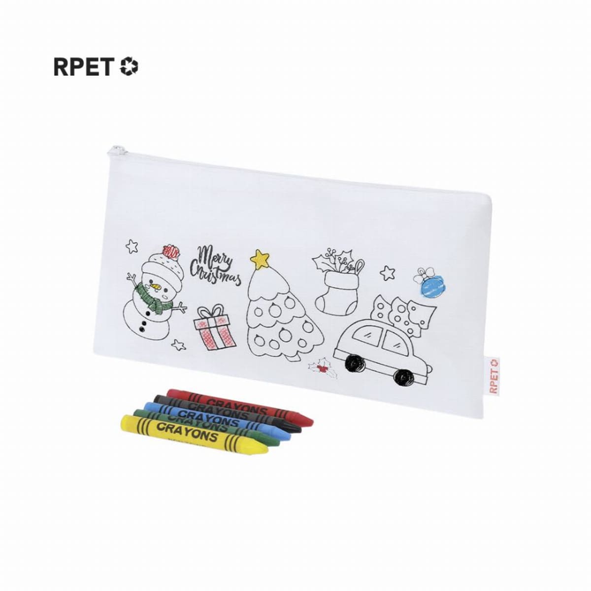 White holiday-themed pencil case with Christmas drawings and four crayons in front.