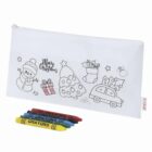 White pencil case with Christmas drawings, plus six colored crayons placed in front.