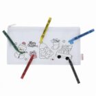 White pouch with Christmas drawings, surrounded by four colored crayons.