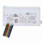A pencil case with Christmas drawings and four crayons: green, red, blue, and black.