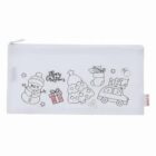 White pencil case with Christmas-themed outlines: snowman, tree, gifts, car, and stars.