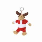 Plush moose keychain with red and white outfit, smiling and standing upright.