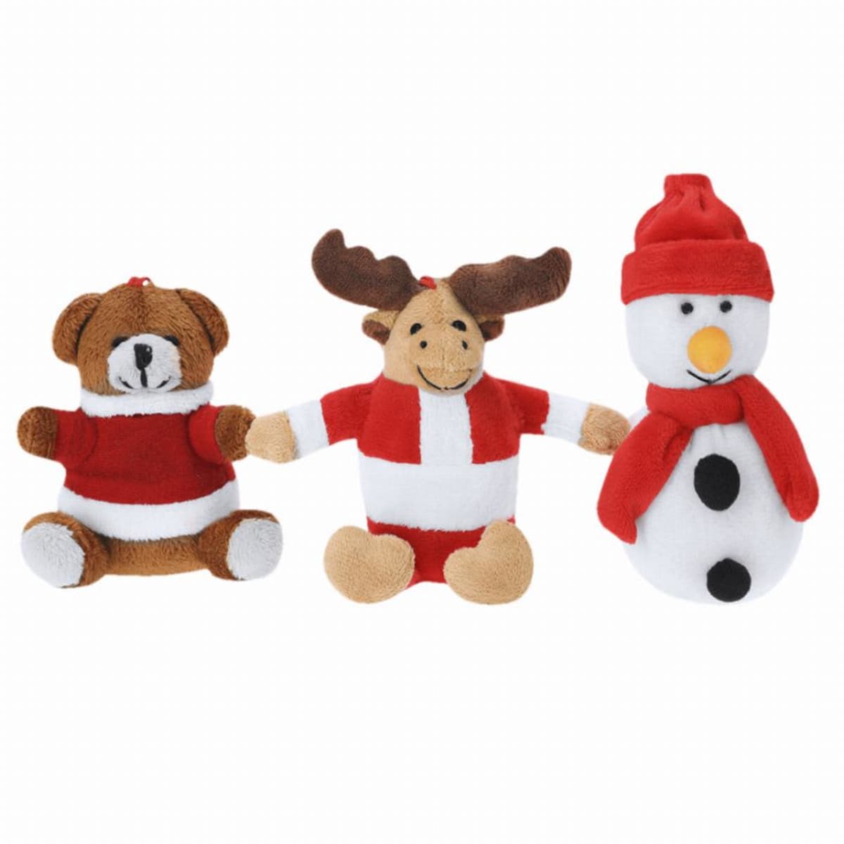 Three plush toys: a bear, a reindeer, and a snowman in red and white winter outfits.