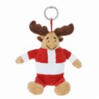 Plush moose keychain wearing a red and white outfit, smiling with open arms.