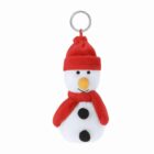 Plush snowman keychain with red hat and scarf, black buttons, and orange nose.