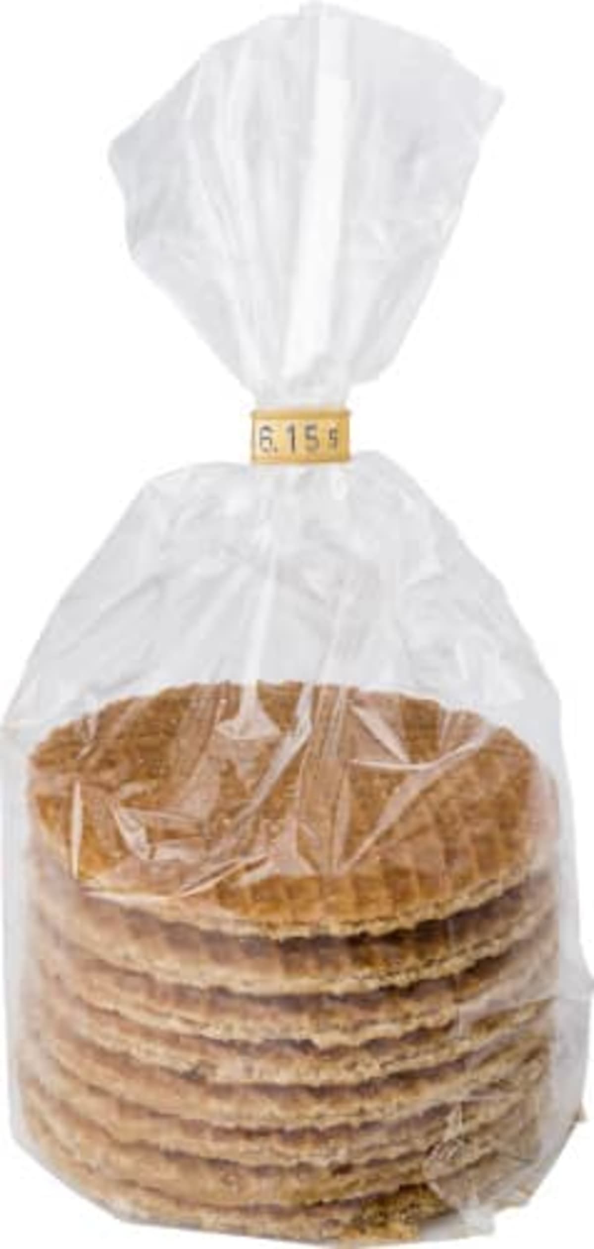 Stack of round stroopwafels in a clear plastic bag, tied at the top with a twist tie.