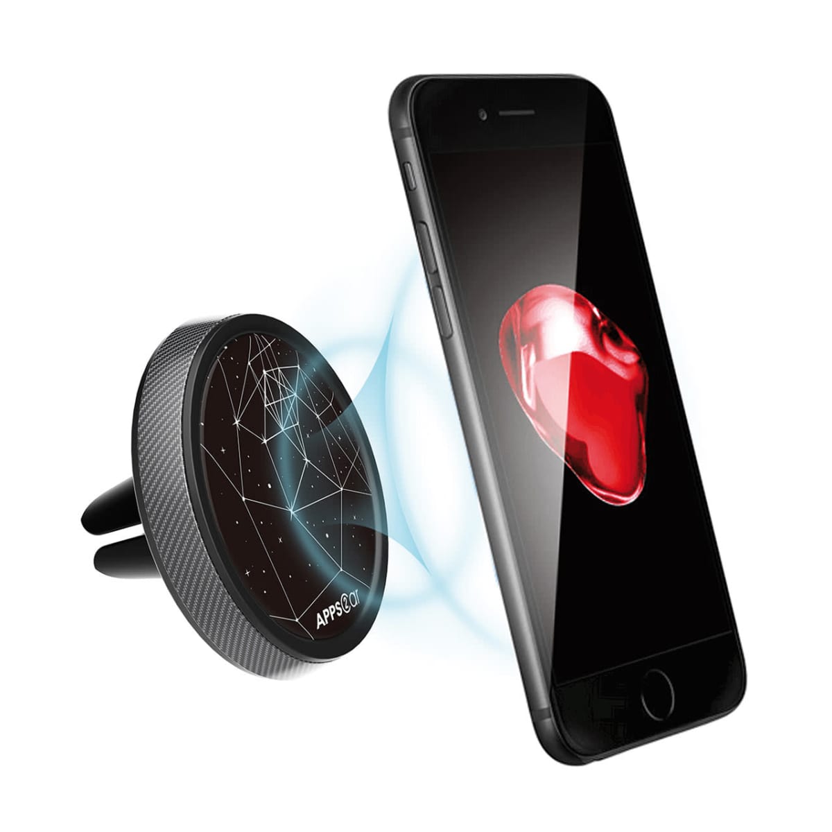 Phone on a magnetic car mount with blue glow and red shape on screen.
