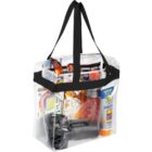 Clear tote bag with camera, sunscreen, red drink, and magazines inside.