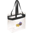 Clear tote bag with black handles and a Wildcats logo.