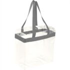 Clear handbag with black handles and trim.