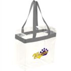 Clear tote bag with gray straps and Wildcats logo in purple and yellow.