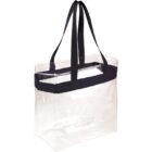 Clear tote bag with black handles and trim.