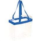 Clear tote bag with blue handles.