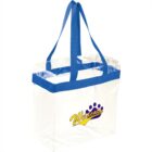 Clear tote bag with blue handles and Wildcats logo in purple and yellow.