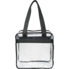 Clear tote bag with black handles and trim.