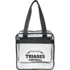 Clear tote bag with Triades Football and a football graphic printed on one side.