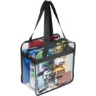 Clear tote bag with black straps containing various items, including a smartphone and a helmet.