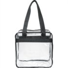 Clear tote bag with black handles and edges.