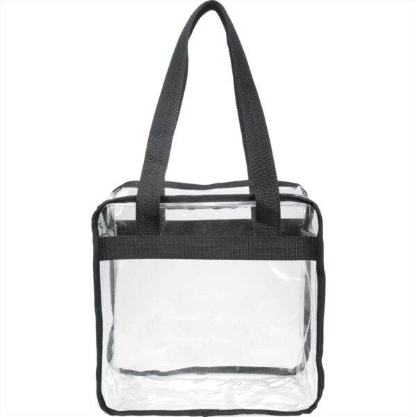 Clear tote bag with black handles and edges.