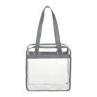 Clear tote bag with gray handles and trim.
