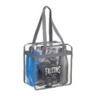Clear tote bag with Falcons Football logo, containing blue and black items.