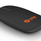 Black wireless computer mouse with a sleek design and an orange logo.