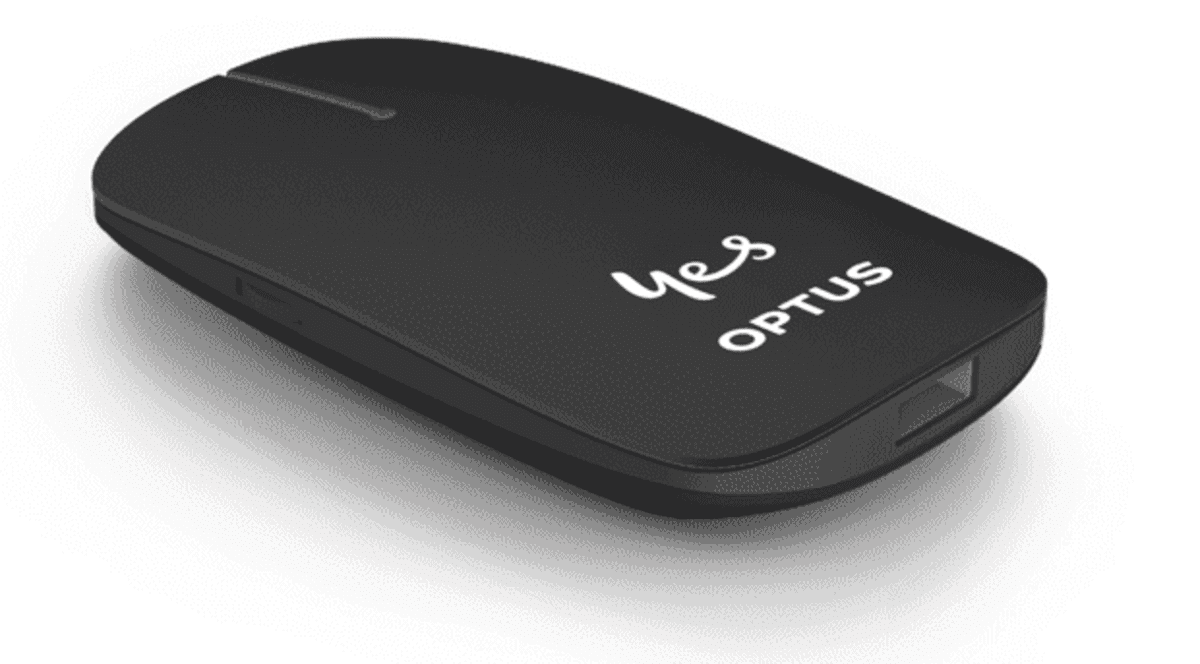 Black Optus mobile Wi-Fi hotspot device with Yes logo on top.