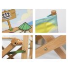 Collage of four images: a Summer Breeze sign with pastel beach imagery, a close-up of a yellow and blue fabric corner, a wooden folding chair joint, and a wooden frame screw detail.